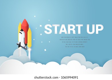isometric and paper cut style of rocket illustration, start up symbol vector illustration