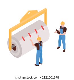 Isometric paper factory production composition with characters of two workers moving huge roll vector illustration