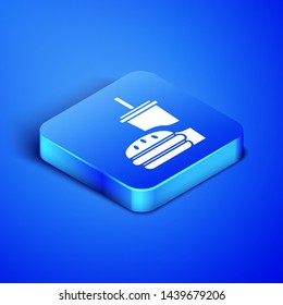 Isometric Paper glass with drinking straw and burger icon isolated on blue background. Soda aqua drink sign. Hamburger, cheeseburger sandwich. Blue square button. Vector Illustration