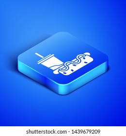 Isometric Paper glass with drinking straw and hotdog icon isolated on blue background. Soda aqua drink sign. Hamburger, cheeseburger sandwich. Blue square button. Vector Illustration