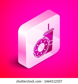 Isometric Paper glass with drinking straw and donut icon isolated on pink background. Soda aqua drink sign. Fast food menu. Silver square button. Vector Illustration