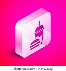 Isometric Paper glass with drinking straw and burger icon isolated on pink background. Soda aqua drink sign. Hamburger, cheeseburger sandwich. Silver square button. Vector Illustration