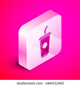 Isometric Paper glass with drinking straw and water icon isolated on pink background. Soda drink glass. Fresh cold beverage symbol. Silver square button. Vector Illustration