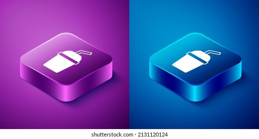 Isometric Paper glass with drinking straw and water icon isolated on blue and purple background. Soda drink glass. Fresh cold beverage symbol. Square button. Vector