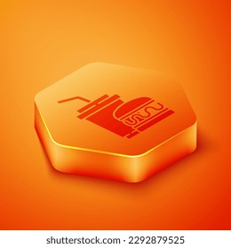 Isometric Paper glass with drinking straw and burger icon isolated on orange background. Soda aqua drink sign. Hamburger, cheeseburger sandwich. Orange hexagon button. Vector