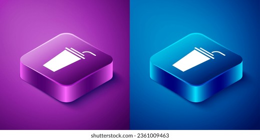 Isometric Paper glass with drinking straw and water icon isolated on blue and purple background. Soda drink glass. Fresh cold beverage symbol. Square button. Vector Illustration
