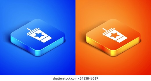 Isometric Paper glass with drinking straw and water icon isolated on blue and orange background. Soda drink glass. Fresh cold beverage symbol. Square button. Vector