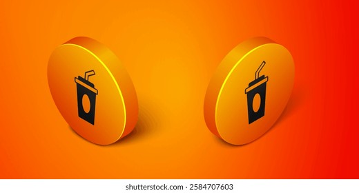 Isometric Paper glass with drinking straw and water icon isolated on orange background. Soda drink glass. Fresh cold beverage symbol. Orange circle button. Vector