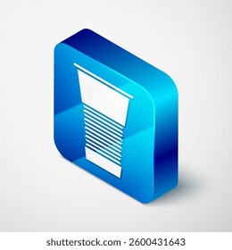 Isometric Paper glass icon isolated on grey background. Soda drink glass. Fresh cold beverage symbol. Blue square button. Vector Illustration