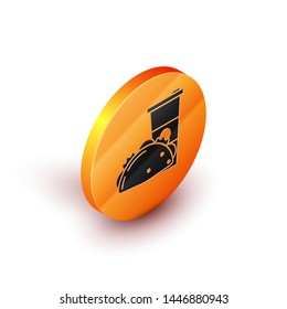 Isometric Paper glass and taco with tortilla icon isolated on white background. Soda aqua drink sign. Hamburger, burger, cheeseburger sandwich. Orange circle button. Vector Illustration
