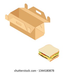 Isometric paper lunch box and sandwich isolated on white background. Takeaway food