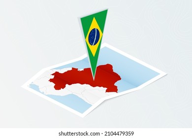 Isometric paper map of Brazil with triangular flag of Brazil in isometric style. Map on topographic background. Vector illustration.