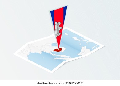 Isometric paper map of Cambodia with triangular flag of Cambodia in isometric style. Map on topographic background. Vector illustration.