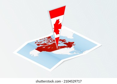 Isometric Paper Map Of Canada With Triangular Flag Of Canada In Isometric Style. Map On Topographic Background. Vector Illustration.