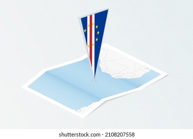 Isometric paper map of Cape Verde with triangular flag of Cape Verde in isometric style. Map on topographic background. Vector illustration.