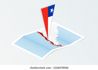 Isometric paper map of Chile with triangular flag of Chile in isometric style. Map on topographic background. Vector illustration.