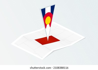Mapa de papel isométrico de Colorado con bandera triangular de Colorado en estilo isométrico. Mapa sobre el fondo topográfico. Ilustración vectorial.