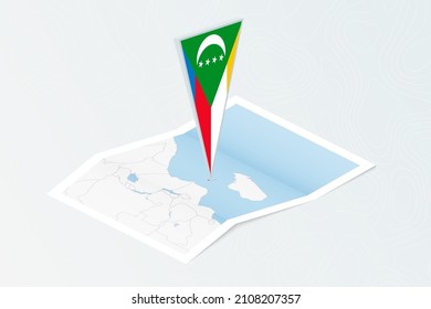 Isometric paper map of Comoros with triangular flag of Comoros in isometric style. Map on topographic background. Vector illustration.