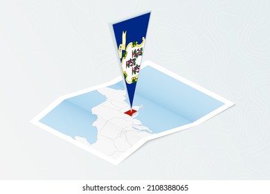 Isometric paper map of Connecticut with triangular flag of Connecticut in isometric style. Map on topographic background. Vector illustration.