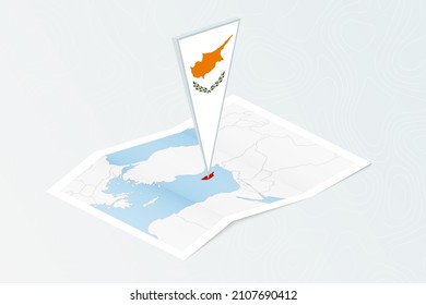 Isometric paper map of Cyprus with triangular flag of Cyprus in isometric style. Map on topographic background. Vector illustration.