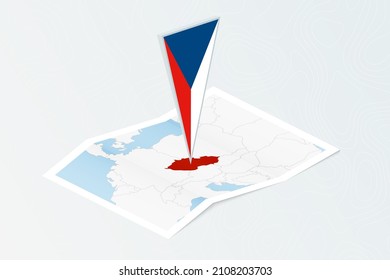 Isometric paper map of Czech Republic with triangular flag of Czech Republic in isometric style. Map on topographic background. Vector illustration.