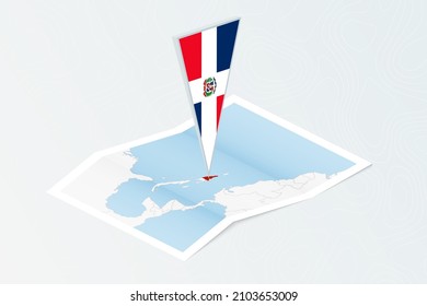 Isometrische Papierkarte der Dominikanischen Republik mit dreieckiger Flagge der Dominikanischen Republik im isometrischen Stil. Karte auf topographischem Hintergrund. Vektorgrafik.