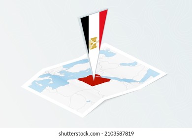 Isometric paper map of Egypt with triangular flag of Egypt in isometric style. Map on topographic background. Vector illustration.