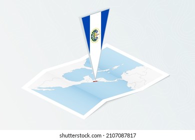 Isometric paper map of El Salvador with triangular flag of El Salvador in isometric style. Map on topographic background. Vector illustration.