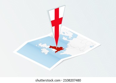 Isometric paper map of England with triangular flag of England in isometric style. Map on topographic background. Vector illustration.