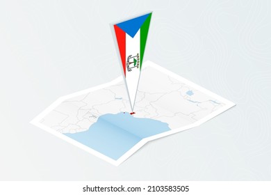 Isometric paper map of Equatorial Guinea with triangular flag of Equatorial Guinea in isometric style. Map on topographic background. Vector illustration.