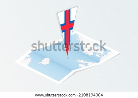 Isometric paper map of Faroe Islands with triangular flag of Faroe Islands in isometric style. Map on topographic background. Vector illustration.