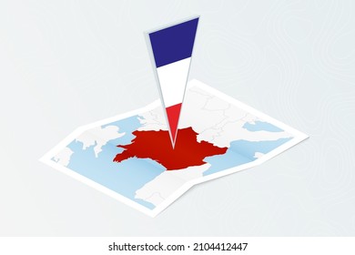 Isometric paper map of France with triangular flag of France in isometric style. Map on topographic background. Vector illustration.