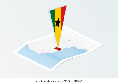 Isometric paper map of Ghana with triangular flag of Ghana in isometric style. Map on topographic background. Vector illustration.