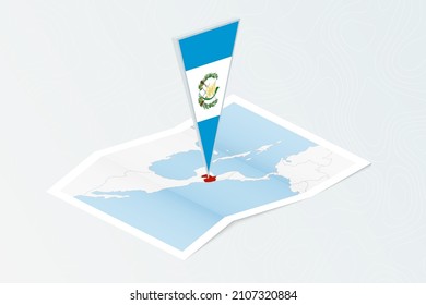 Isometric paper map of Guatemala with triangular flag of Guatemala in isometric style. Map on topographic background. Vector illustration.