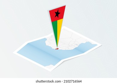 Isometric paper map of Guinea-Bissau with triangular flag of Guinea-Bissau in isometric style. Map on topographic background. Vector illustration.