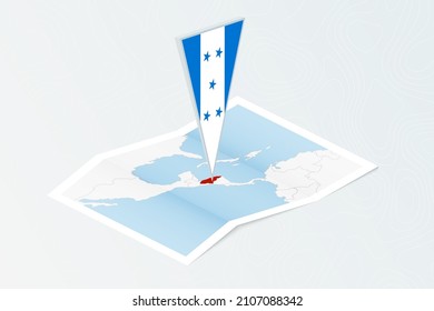 Isometric paper map of Honduras with triangular flag of Honduras in isometric style. Map on topographic background. Vector illustration.