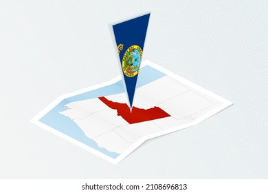 Isometric paper map of Idaho with triangular flag of Idaho in isometric style. Map on topographic background. Vector illustration.