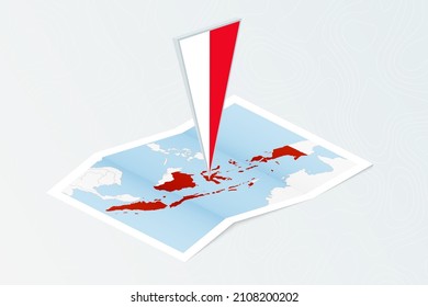 Isometric paper map of Indonesia with triangular flag of Indonesia in isometric style. Map on topographic background. Vector illustration.