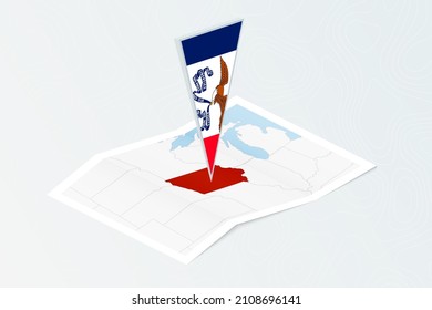 Isometric paper map of Iowa with triangular flag of Iowa in isometric style. Map on topographic background. Vector illustration.