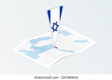 Isometric paper map of Israel with triangular flag of Israel in isometric style. Map on topographic background. Vector illustration.