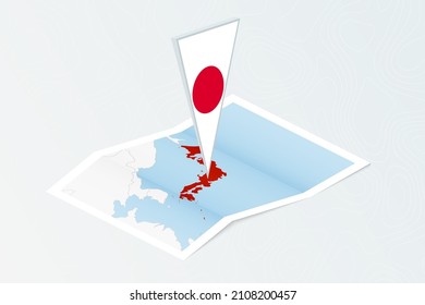 Isometric paper map of Japan with triangular flag of Japan in isometric style. Map on topographic background. Vector illustration.