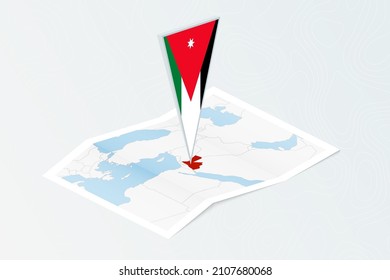 Mapa de papel isométrico de Jordania con bandera triangular de Jordania en estilo isométrico. Mapa sobre el fondo topográfico. Ilustración vectorial.