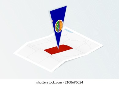 Isometric paper map of Kansas with triangular flag of Kansas in isometric style. Map on topographic background. Vector illustration.