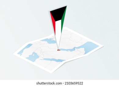 Isometric paper map of Kuwait with triangular flag of Kuwait in isometric style. Map on topographic background. Vector illustration.