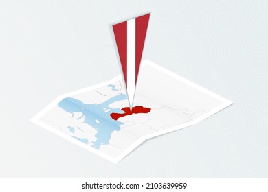 Isometric paper map of Latvia with triangular flag of Latvia in isometric style. Map on topographic background. Vector illustration.