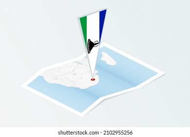 Isometric paper map of Lesotho with triangular flag of Lesotho in isometric style. Map on topographic background. Vector illustration.