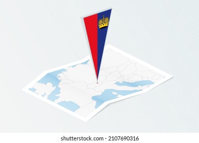 Isometric paper map of Liechtenstein with triangular flag of Liechtenstein in isometric style. Map on topographic background. Vector illustration.