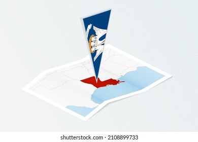 Isometric paper map of Louisiana with triangular flag of Louisiana in isometric style. Map on topographic background. Vector illustration.