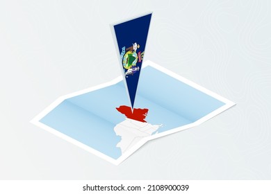 Isometric paper map of Maine with triangular flag of Maine in isometric style. Map on topographic background. Vector illustration.