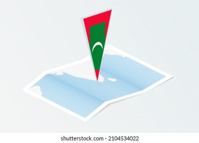 Isometric paper map of Maldives with triangular flag of Maldives in isometric style. Map on topographic background. Vector illustration.